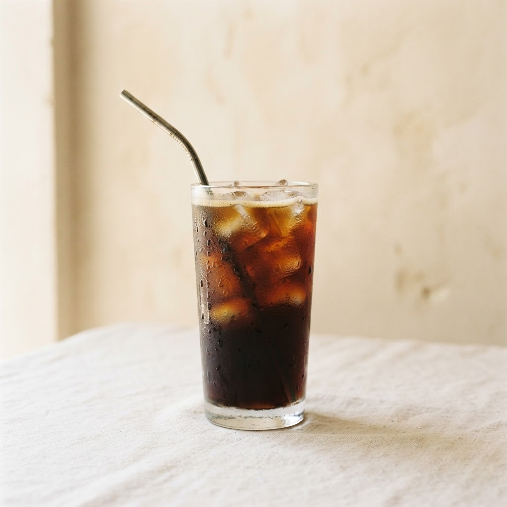A tall glass of cold brew coffee over ice
