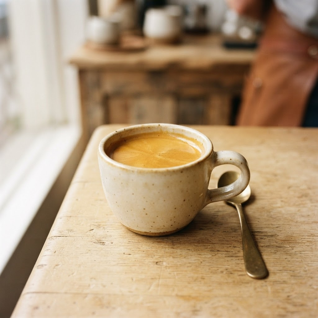A freshly pulled espresso shot with golden crema in a ceramic cup