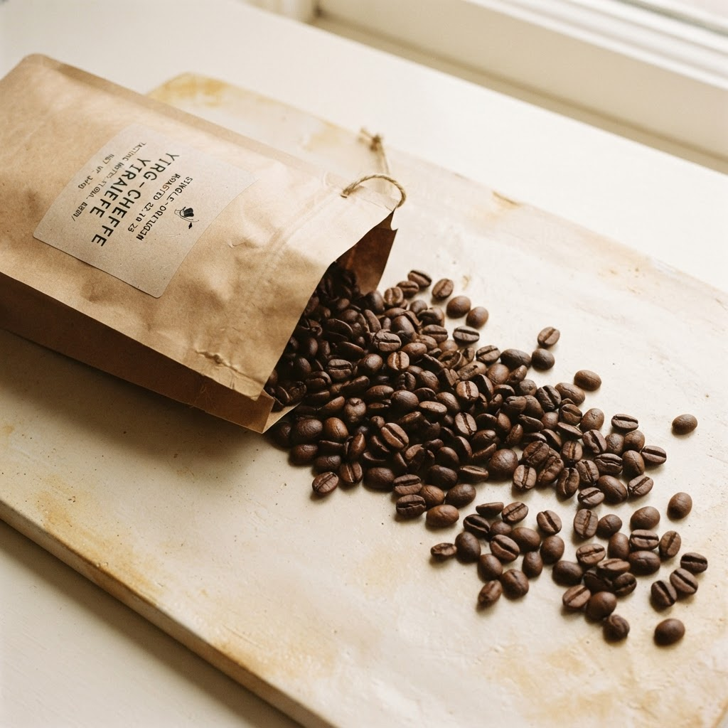 Roasted single-origin coffee beans spilling from a kraft paper bag