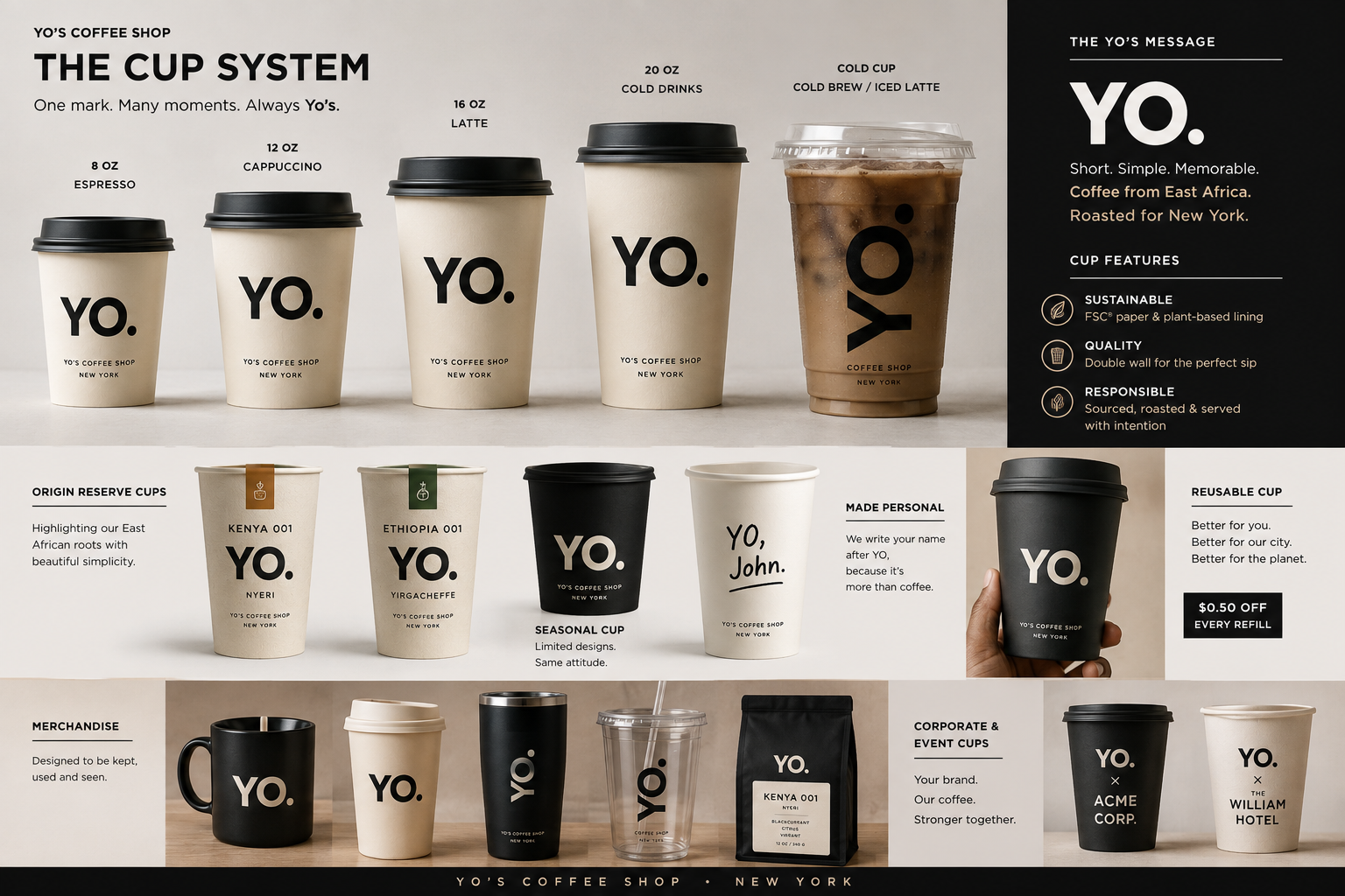 The YO'S cup system — 8 oz espresso, 12 oz cappuccino, 16 oz latte, 20 oz cold drinks, and the clear cold cup for cold brew and iced latte, alongside origin reserve, seasonal, personalized, reusable and merchandise cups