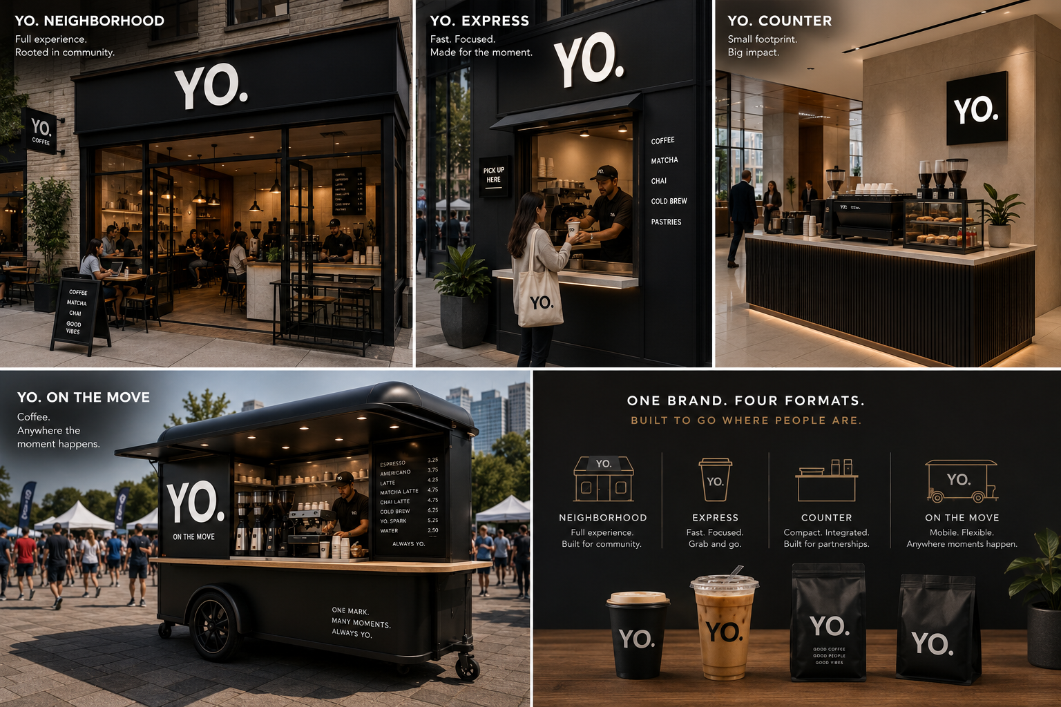 The four YO'S retail formats: Neighborhood café, Express window, Counter build, and the mobile On The Move cart