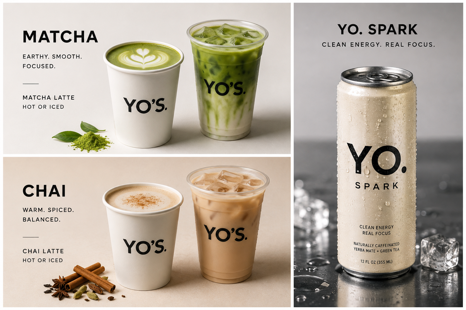 YO'S matcha and chai lattes served hot and iced alongside a YO. Spark can